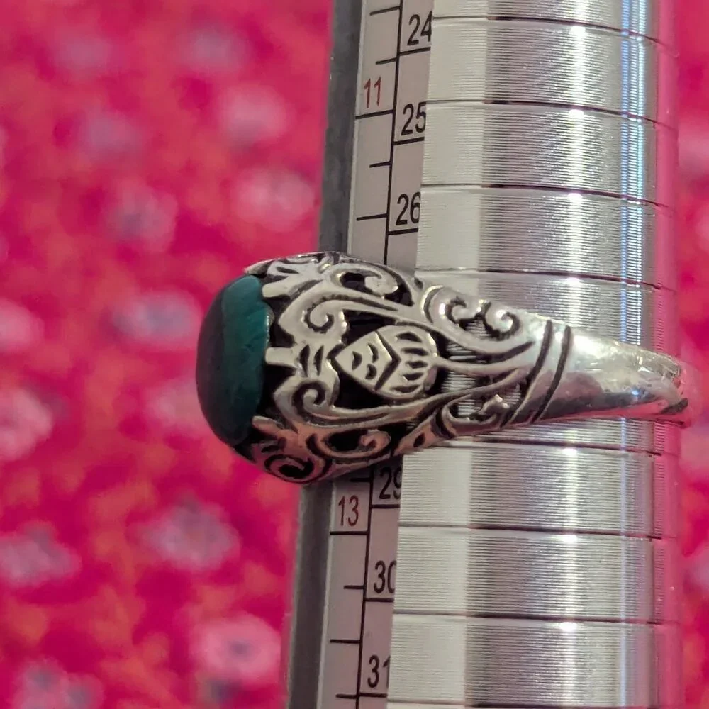 Malachite Sterling Silver Ring Filigree 925‎ Openwork Victorian Edwardian Estate